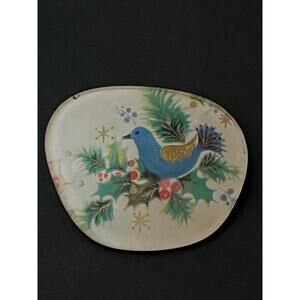Vintage Holiday Brooch Pin. Blue Bird. Holly Pine. Round